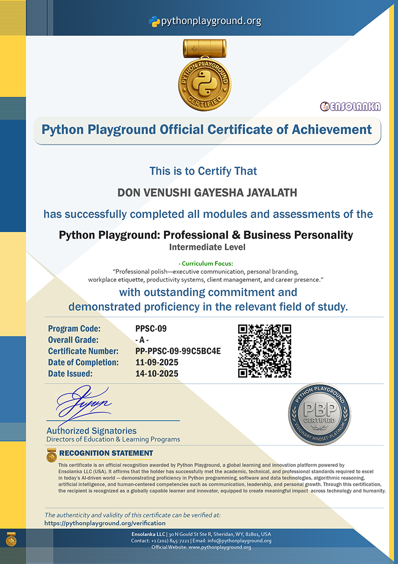Sample Certificate — Professional & Business Personality - Intermediate Level